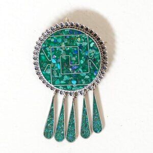 Sterling Silver & Turquoise Chip Inlay Pin - Brooch or Pendant, Mexico, Vintage